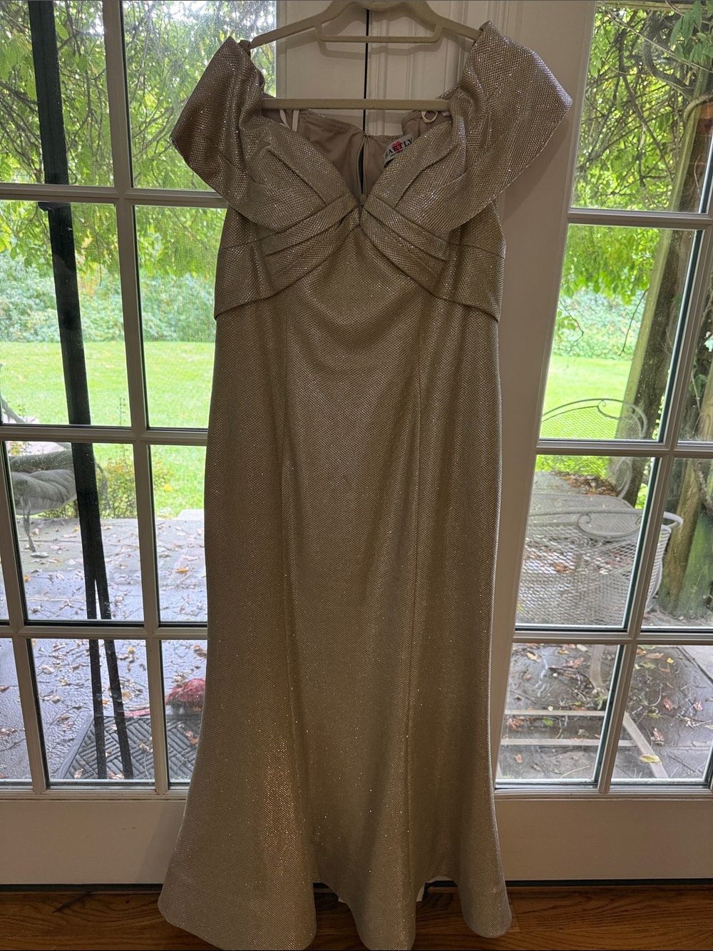 Off-Shoulder Shimmery Gold Prom Dress with Draped Bodice